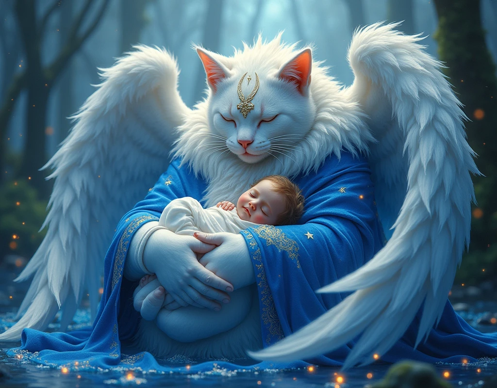 cute, charming sleeping in the arms of a huge sleeping cat with heavenly wings, sapphire cloak with stars, stream of sparks of magical light, runes on the forehead, water, forest, fairy tale, fantasy, hyperrealism, body curve, nobility, kindness, watercolor, blue, blue, sapphire, pastel colors, glare, glow, streams of sparks, 3D Fantasy, haze, fog, fantastic, hyperdetail, photo, high detail, backlight, ultra-realistic, art-eklerika, depth of field for everything, HDR, work of art.