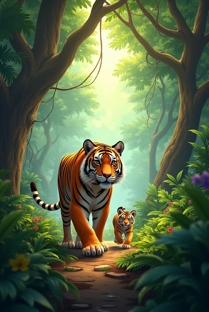 Create a picture of a jungle with a tiger and its cub in the middle of the forest walking