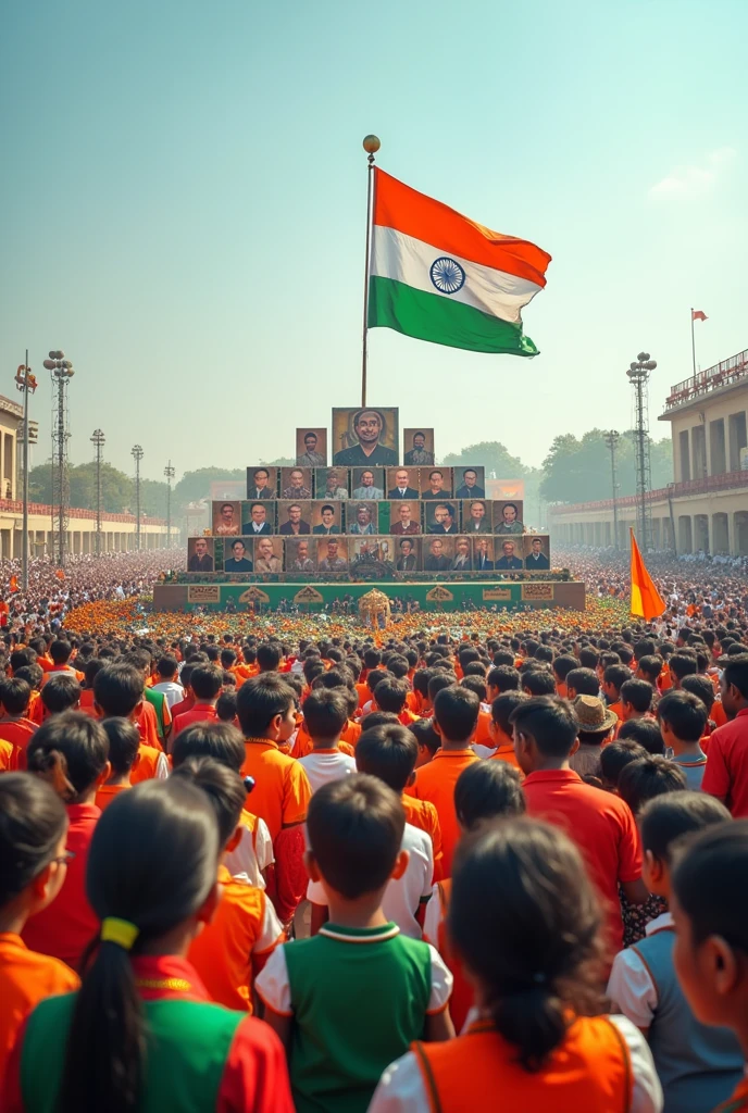 Independence day in  india ,Bharath flag,all freedom fighters photos, students, teachers, celebration, everybody are celebrating happy independence day India,hd,in a big ground, attractive, effective image,flag hosting, horizontal photo,Cleared photos of freedom fighters, 