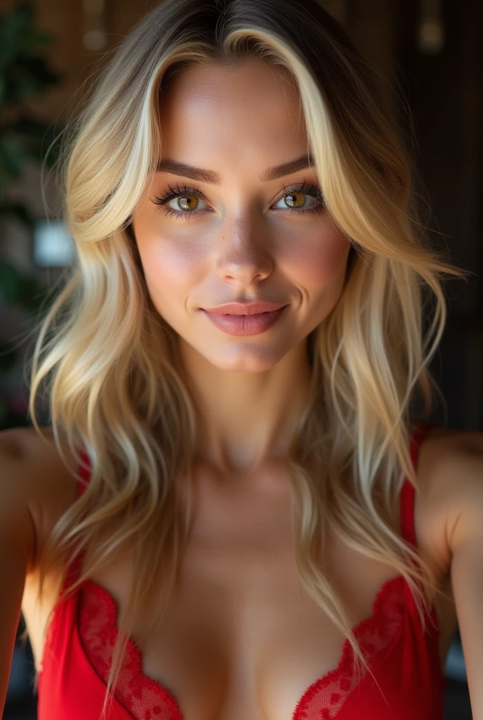 Beautiful blonde ,red lingerie ( 20 ans , visage innocent , very smooth hair , Brown eyes ) (( Selfie on the skin du corps , a happy one )) head of&#39;oeuvre,better quality , ultra detail.
