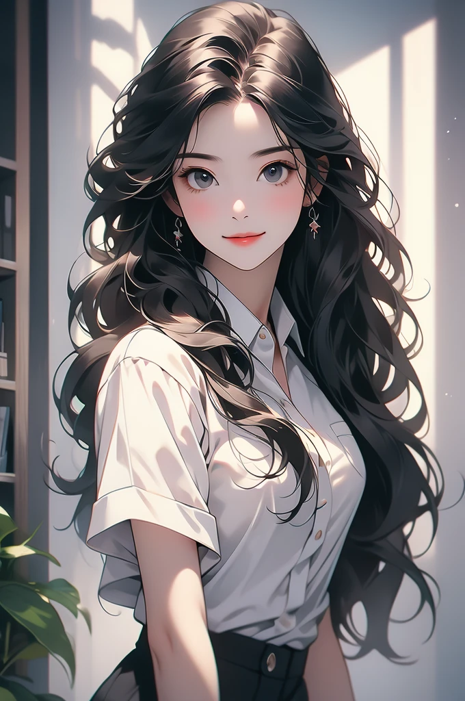1girl, long raven hair, black office suit, white shirt, ceo, smirk