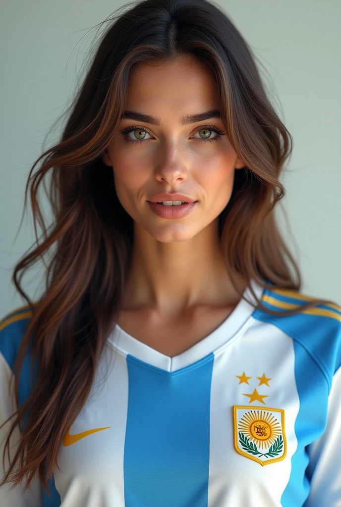 model of a beutiful girl wearing an Argentina national soccer team shirt