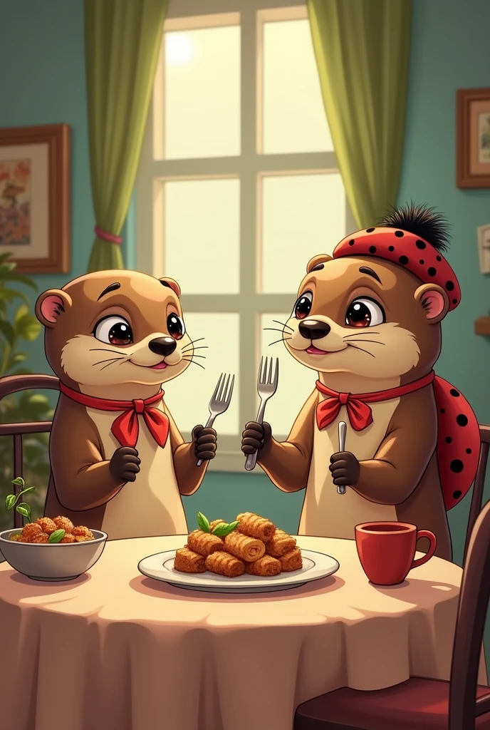Two otters, with cutlery in their hands, licking their mouths, each wearing a napkin around their necks, sitting at a table waiting for their food.. A ladybug, holding a serving tray, serves them kindly.