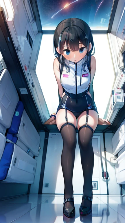 (Highest quality), (masterpiece), 1080P, High resolution, 4K, 8k, Inside the space station、Futuristic room、Thigh straps, Shooting from directly below, The woman on top of me, 白いSweat, Covered , Sweat, Woman looking down, Skirt swimsuit, Thigh-high socks, To achieve this, , , whole body, Black leather shoes, Braided hair, Inner Color, Embarrassed face, Short black hair, bracelet, Bedroom,celestial body_Vest
