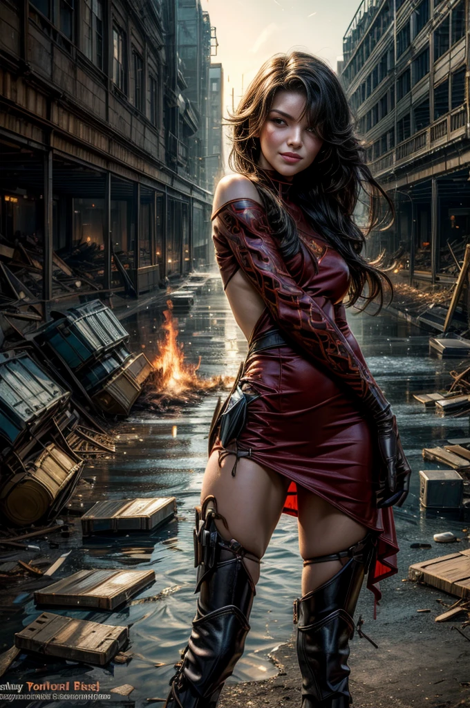 (masterpiece, best quality:1.2), cowboy shot, solo, 1girl, cinder fall, looking at viewer, long hair, red dress, elbow gloves, pantyhose, dynamic pose, standing holding flames, inside ancient wrecked stadium, burst water pipe, rubble, bonfires,  crowd, night, stars, evil smile, post-apocalypse, dystopian future  crowd, (volumetric lighting), sharp focus, hyper detailed 