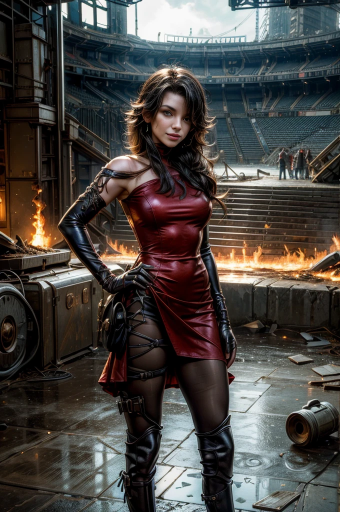(masterpiece, best quality:1.2), cowboy shot, solo, 1girl, cinder fall, looking at viewer, long hair, red dress, elbow gloves, pantyhose, dynamic pose, standing holding flames, inside ancient wrecked stadium, burst water pipe, rubble, bonfires, crowd, night, stars, evil smile, post-apocalypse, dystopian future crowd, (volumetric lighting), sharp focus, hyper detailed