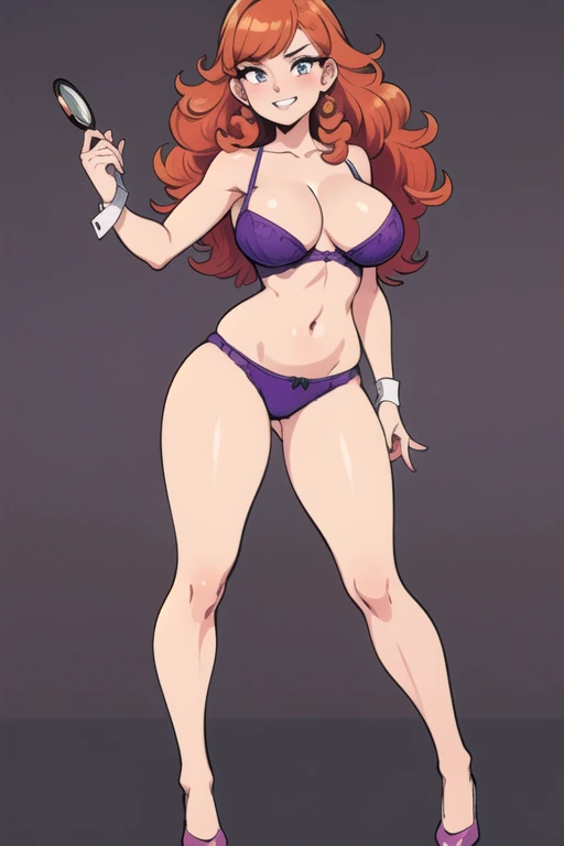 ((ultra quality)), ((masterpiece)), (Daphne_Blake:1), ((long ginger hair, curly hair)),(skimpy purple underwear, cheeky panties, holding a magnifying glass), looking at viewer with a sexy grin, horny, expressive, bending over a chest, (dynamic_angle:1), (dynamic_pose:1.2), (masterpiece:1.2), (best quality, highest quality), (ultra detailed), (8k, 4k, intricate),(full body:1) (Masterpiece, Best Quality), 8k Wallpaper, highly detailed, poster, vintage spy film, 1960s, sexy female rental killer, simple color background, single color background, seductive look, mid century modern, movie poster, vintage, vintage look, wide hips, large breasts, skin tight. simple colors, striking eyes, comic, comic style, full body showing, entire body in shot, pin up, pin up model, pin up style,