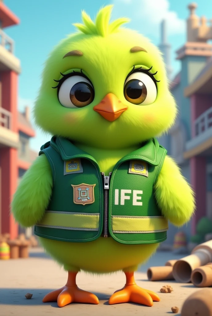 Imagine a cartoon-like animated green chick that is a civil engineer wearing a green vest with the letters IEIFE.