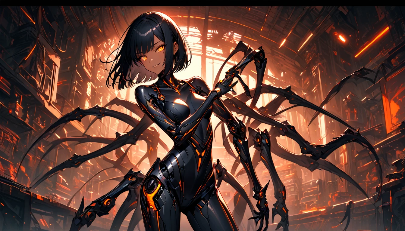 solo, female, panoramic, Black hair, sleek and straight hair, chin-length bob cut, slightly tousled bangs framing her face, hair infused with metallic threads, shimmering hair, slit pupils, amber-gold iris, augmented eyes, Smooth skin, tan, faint silvery veins visible just beneath the surface of her skin, skin illuminated from within, Lean, athletic, long limbs, additional arachnid mechanical, confident stance, slender mechanical legs, small glowing nodes scattered across her body, cybernetic enhancements, medium shot, pinup pose, workshop, dark, futuristic, smirk