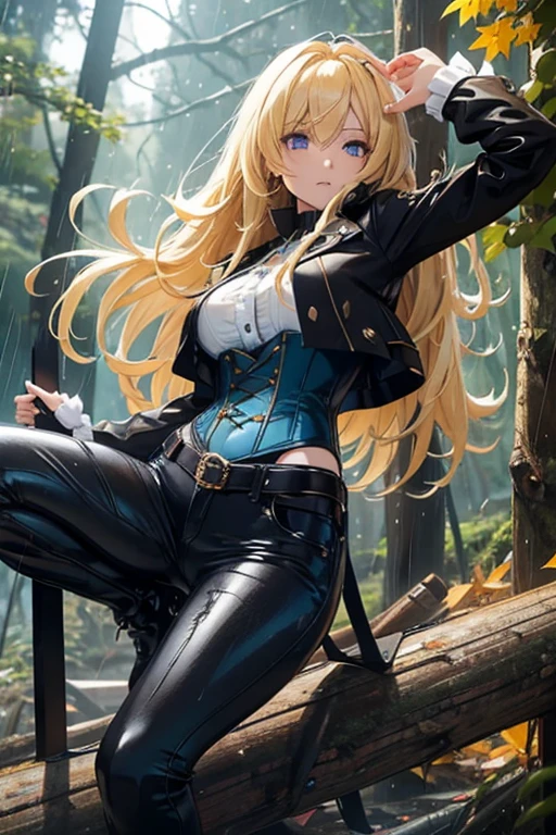 Modern anime-style digital painting of a 25-year-old female teacher in a frontal view and action pose during an autumn day, soaked by rain with dramatic lightning in the background. She is 165 cm tall, with measurements of 91-61-81 cm, and has waist-length, wavy blond hair with V bangs and bright blue eyes. Emitting a golden aura, she stands dynamically with one leg raised on a fallen log. She wears a ruffled white blouse, a black corset, skinny tight blue jeans, and high black boots, all drenched by the rain. The scene is set against rich autumn foliage and vivid lightning, enhancing the intense and mystical atmosphere.