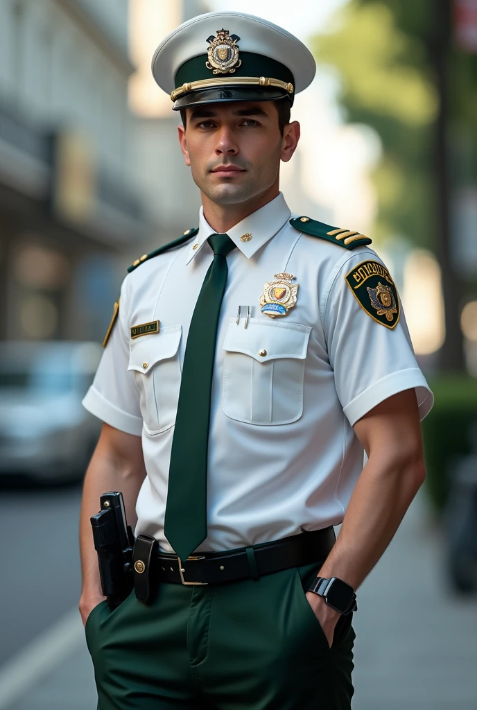 A police man wearing a white and green shirt. he is looking so cool with is pant. a white police cap on his head.