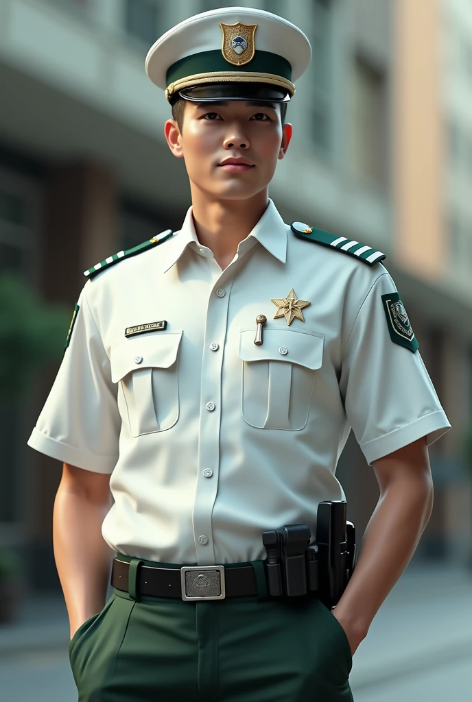 A police man wearing a white and green shirt. he is looking so cool with is pant. a white police cap on his head.