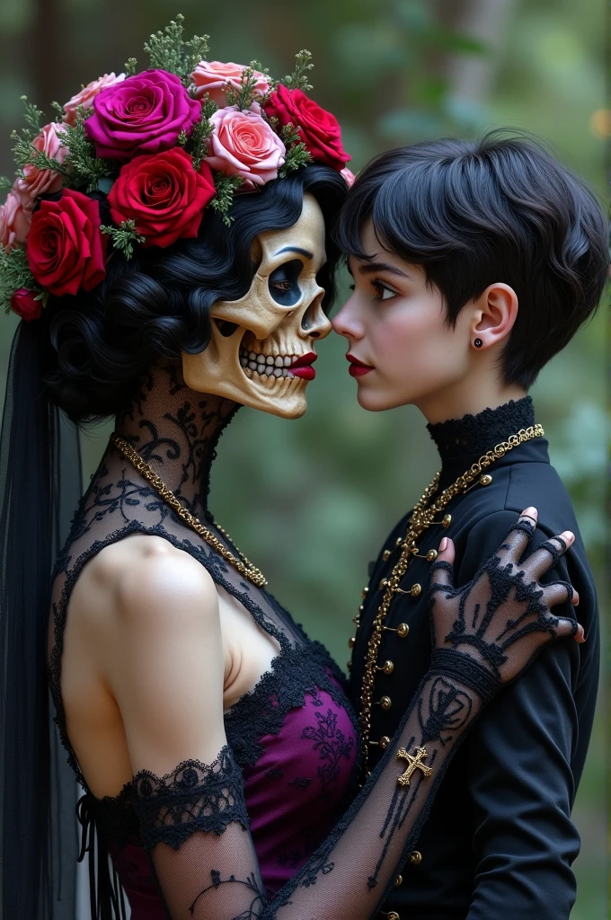 SMILING WOMAN ENTITY CALLED SKULL ROSE, WITH A BEAUTIFUL WOMAN'S HUMAN FACE WITH RED LIPSTICK AND HALF OF A SKULL'S FACE, SHE HAS SHORT WAVY HAIR, WITH MANY ROSES OF VARIOUS COLORS IN HER HAIR AND HAS A VEIL THAT COVERS HER BLACK LACE ROSE , SHE WEARS A PURPLE DRESS WITH LACE AND MANY LACES WITH CRUCIFIXES, SHE WEARS A BLACK LACE GLOVE AND HOLDS THE HAND OF A YOUNG WHITE BOY WHO HAS A MUSTACHE AND BLACK HAIR WITH BLACK EYES WHO WEARS A BLACK TOP TOP, AND BLACK CLOTHES FROM THE 1920s HE LOOKS AT THE GIRL HAPPY