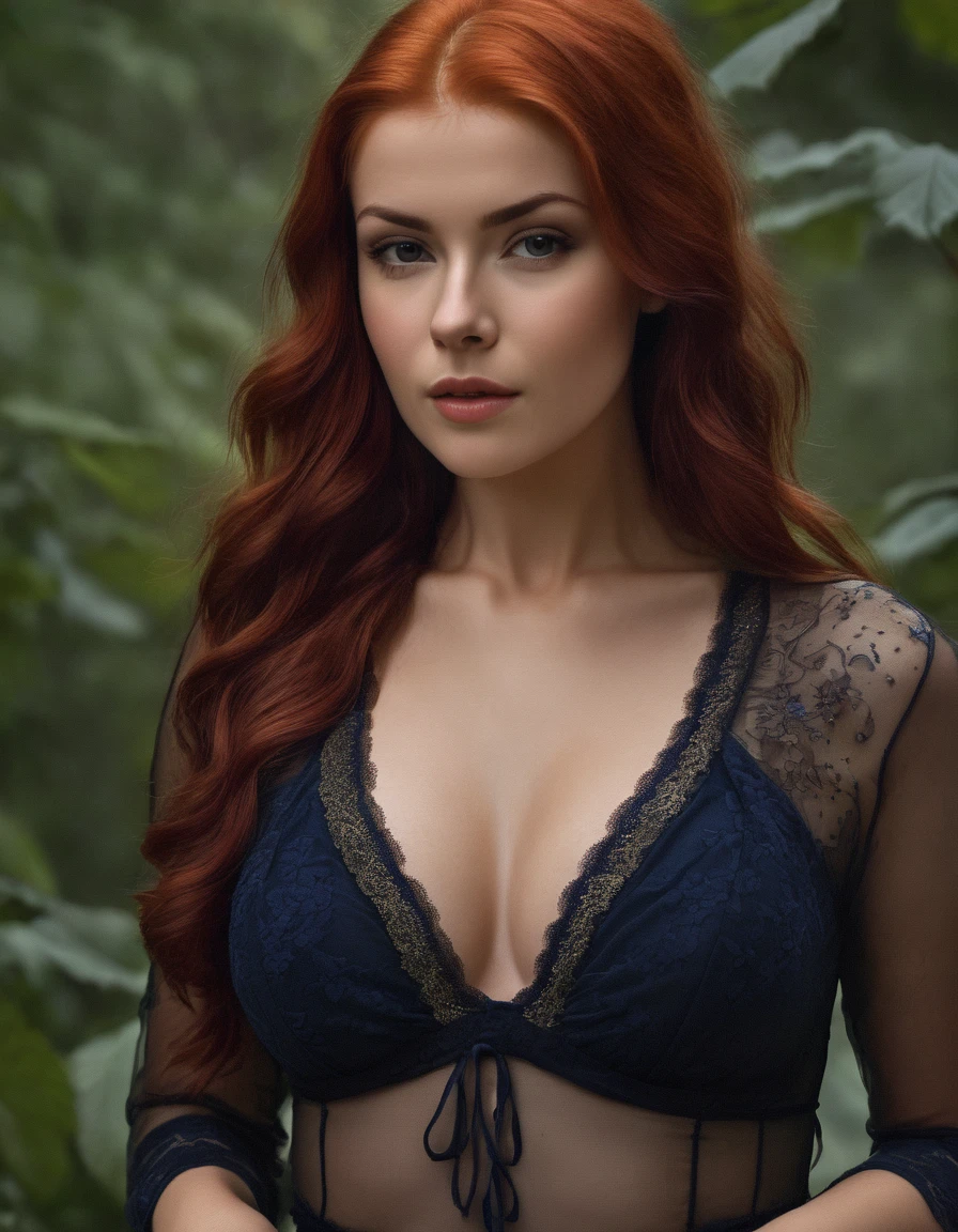 irina_meier, red hair, portrait, realistic,, ((sharp face, detailed face, realistic face, naturtal skin, realistic skin, detailed skin, pores, detailed eyes,realistic eyes)), huge breasts, cleavage, full torso,
