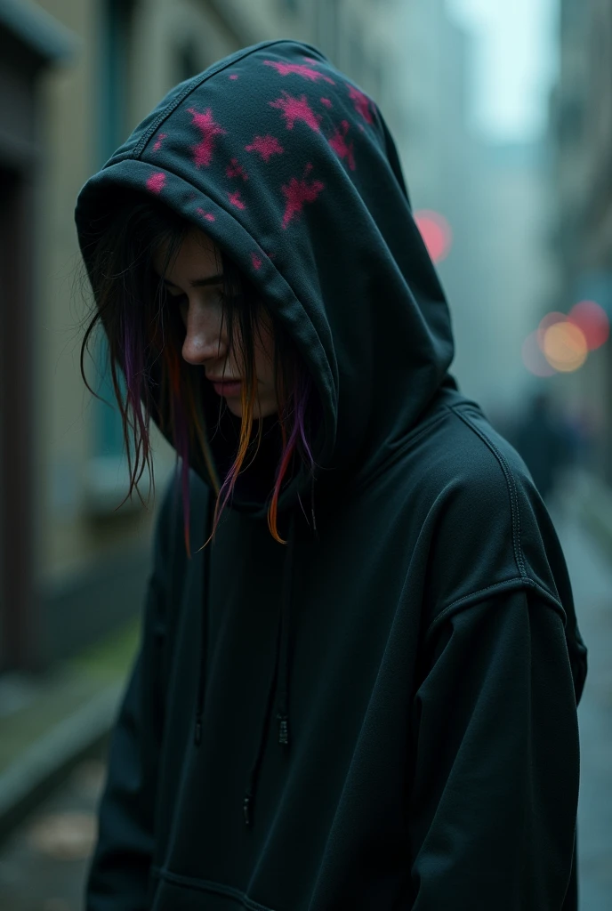 hoodie black hiding from people, hair tie dye color, wants to be safe , has demons,people laughing at you , hair is in face, short hair