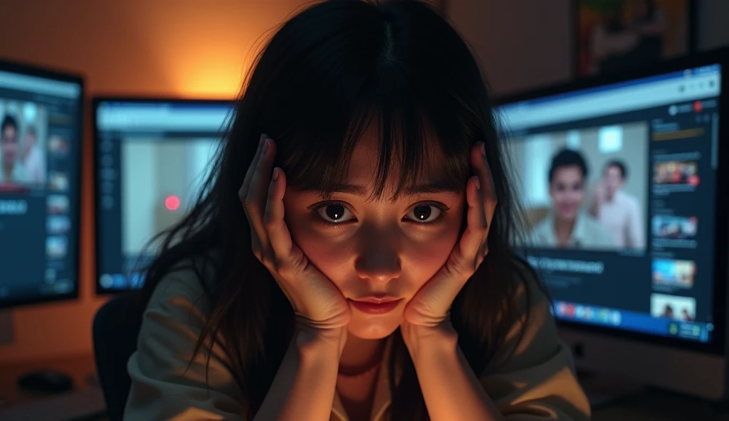 the same person, now with an expression of guilt, watching a funny video on YouTube, with several tabs of videos open in the background.