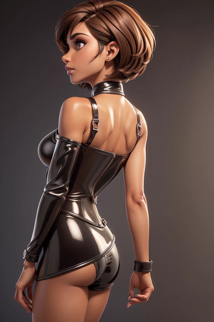 obra prima, melhor qualidade, ((only one woman,)) ((kristi noem, dark tan skin, dark brown bob hair)) looking over shoulder at me, ((wearing metallic dark orange pvc minidress,)) ((wearing coarse grain leather bomber jacket, jacket has padded shoulders, jacket has stiff high collar,)) (((cone tits, shiny leather bra, erect nipples under leather,))) body is very skinny, ((grinding couch cushion, arched back,)) ((extreme closeup view, back view of shoulders and body,)) shallow depth of field, highres, HD, 8k, anatomically correct