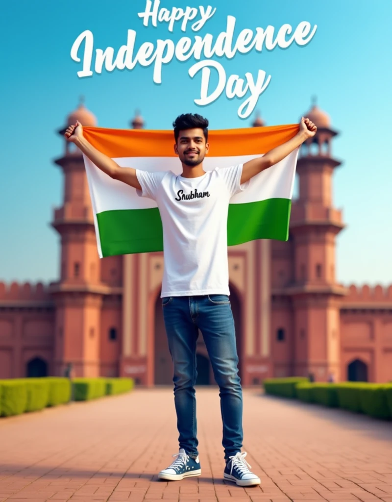 
A real 24 years old boy, Wearing White T shirt blue jeans sneakers and the name "Shubham" is written on his t-shirt and the boy is standing on the road with holding a national flag of India, and behind him is the Red Fort Delhi. And written on sky "Independence Day" Create Realistic image high qua
