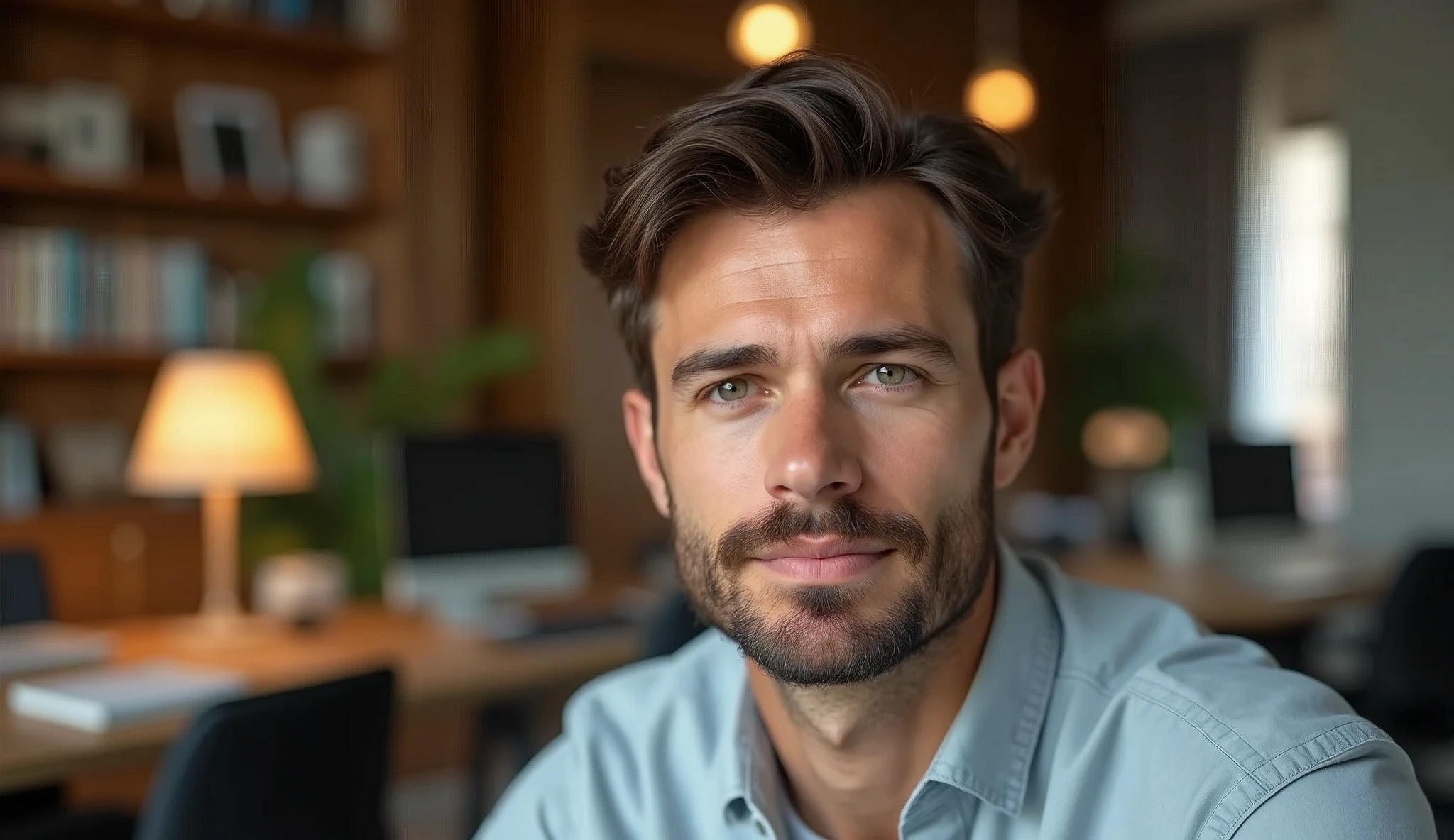 Portrait of a 35-year-old adult man with a youthful appearance, with himself as the main subject. He is in an indoor environment, suggesting an office. The man should be looking directly at the camera with a serious, thoughtful expression. He should have short, slightly wavy dark brown hair and a sparse beard evenly distributed across his face. The lighting should be natural, soft and from the side, evenly illuminating the man's face and creating subtle shadows. The blurred background should be an office, adding depth to the image. Items such as a desk, chairs, bookshelf, books, lamps and office objects should be present, but blurred so as not to distract the man's attention. Use a warm, natural color palette, with wood tones and soft, natural lighting, creating a welcoming, professional atmosphere. The photograph should capture extreme detail, with a high-quality rendering in 8k, with professional photographic quality. The image must be high resolution with attention to detail and realism.