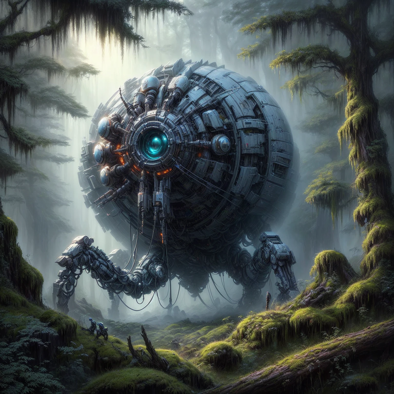 a painting of a giant robot in a forest with moss, detailed sci-fi art, sci-fi fantasy art, sci fi artwork, science fiction art, greg beeple, sci fi art, sci-fi art, sci - fi art, peter gric and dan mumford, sci-fi artwork, sci - fi artwork, mystical sci-fi concept art
