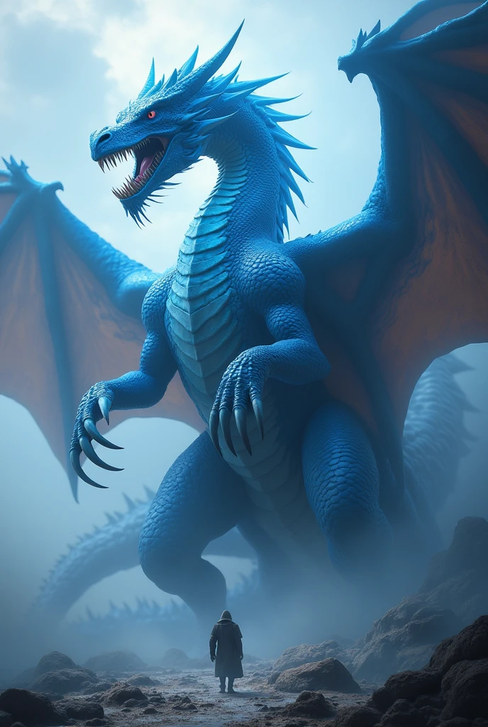beautiful detailed blue dragon, hyperrealistic, epic fantasy dragon, powerful dragon, dragon scales, dragon wings, dragon claws, dragon teeth, dragon eyes, dragon breath, cinematic lighting, dramatic shadows, volumetric fog, intricate details, highly detailed, 8k, ultra-detailed, (best quality:1.2),(photorealistic:1.37),fantasy art, digital painting, concept art, matte painting, hyperrealistic, 4k, 8k, highres, masterpiece