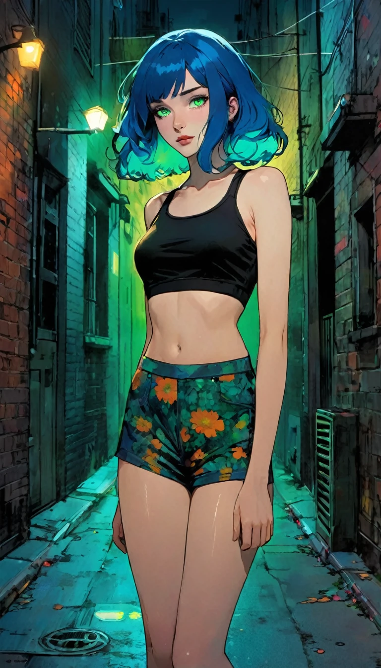 -girl standing on the street,perfect blue-haired girl,glowing green eyes, wearing a crop top,Dark Alley,Floral Clothes,City, Black Shirt-, art inspired by Bill Sienkiewicz and Dave McKean