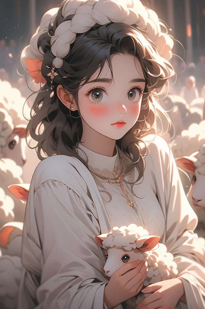 1girl, sheep girl, subtle blush