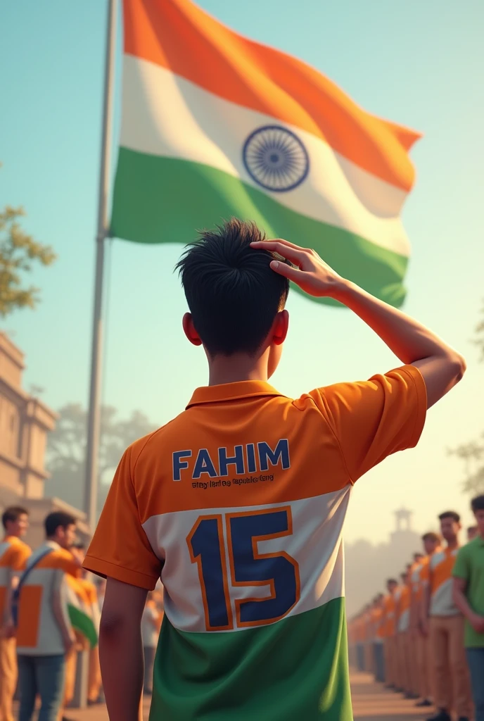  A 25 years old boy salutes the national flag of Bharat and he is wearing a  shirt print is like Bharat flag and “Fahim” and 15 number and republic day in small written on it’s back in big and bold fonts, 3d illustration