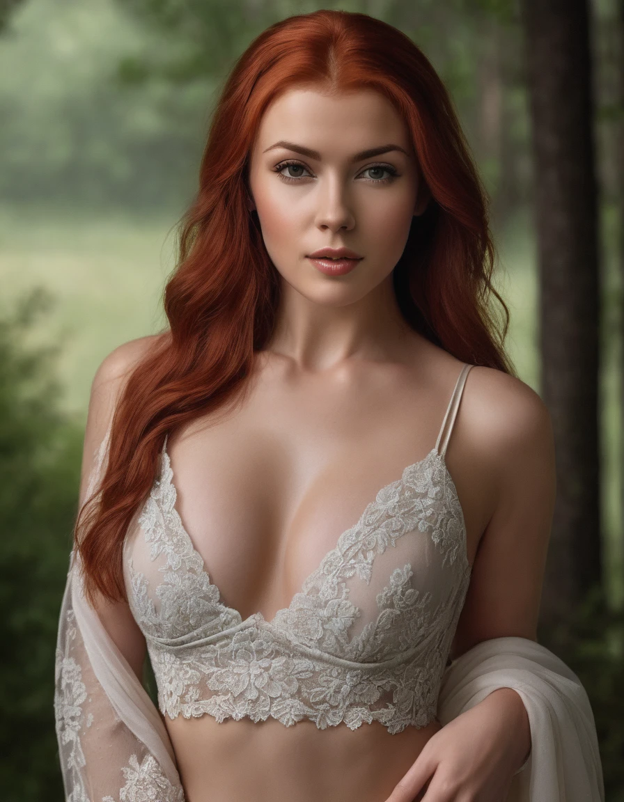 irina_meier, red hair, portrait, realistic,, ((sharp face, detailed face, realistic face, naturtal skin, realistic skin, detailed skin, pores, detailed eyes,realistic eyes)), huge breasts, cleavage, full body,