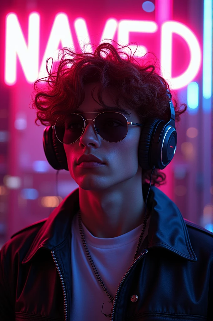 Brown hair . beautiful 19 yr old boy with curly hair Volume and sunglasses in headphones - earphone ,background,neon cyberpunk surrounding a dark room ,neon glow at night,In the room the sign glows and shimmers in neon light"NAVEED",Beautiful colors,Living picture,masterpiece,detailing,scale,8K Realistic detailed image 