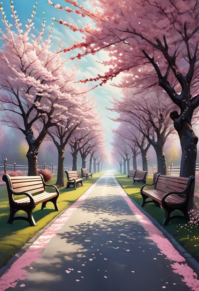 A serene empty road lined with cherry blossom trees in full bloom, with delicate petals gently falling. The road is flanked by wooden benches on either side, inviting peaceful contemplation. A vibrant sunset paints the sky in warm hues, blending with the red clouds above, creating a surreal atmosphere. The scene is rendered in a combination of realism and surrealism, with soft, glowing light and high saturation, capturing the tranquility and beauty of the moment. The composition evokes a sense of calm and introspection, with intricate details on the blossoms and the texture of the road. —ar 2:3 —v 5.1