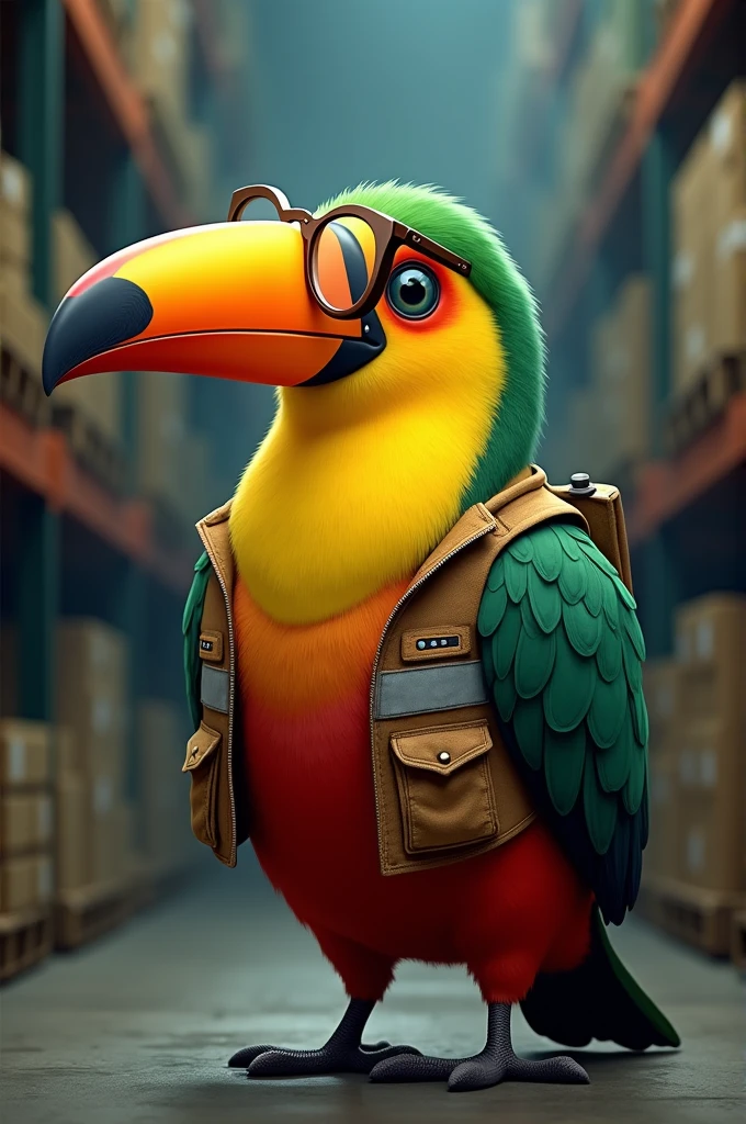 Toucan wearing a warehouse vest and glasses