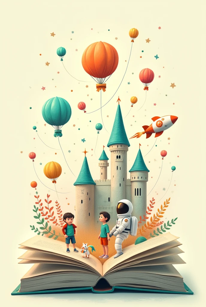 A colorful background image, with the drawing of an open book with images of a princess, castle, Spaceman, balloons, rocket ship, dinosaur, dollface, plane coming out of the book