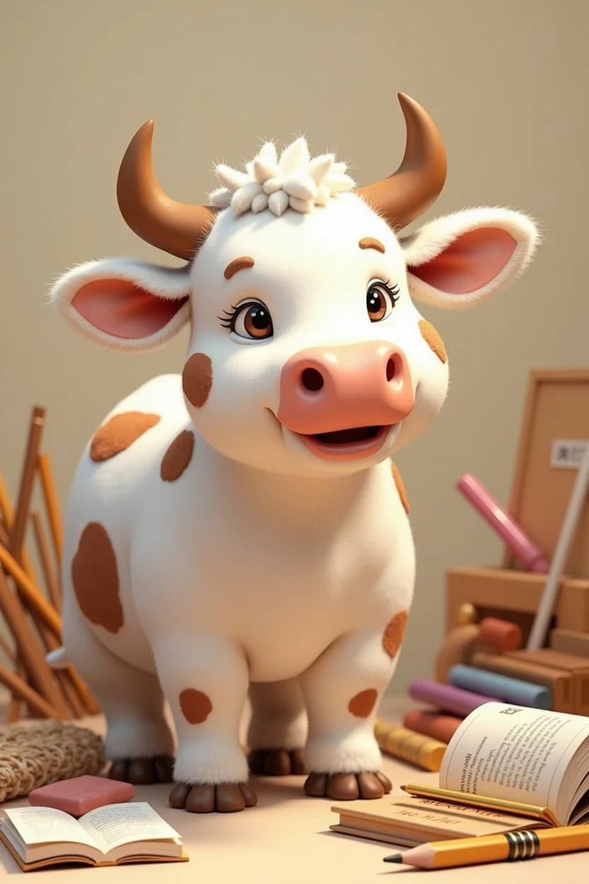 A white cow with its brown spots, mer , with positions tied to a stationery brand, some positions would be with a pencil