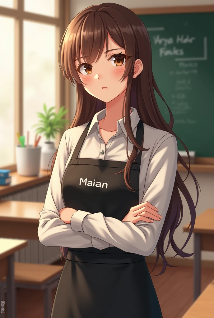 brown hair white light brown eyes teacher apron with name maiara in the classroom
