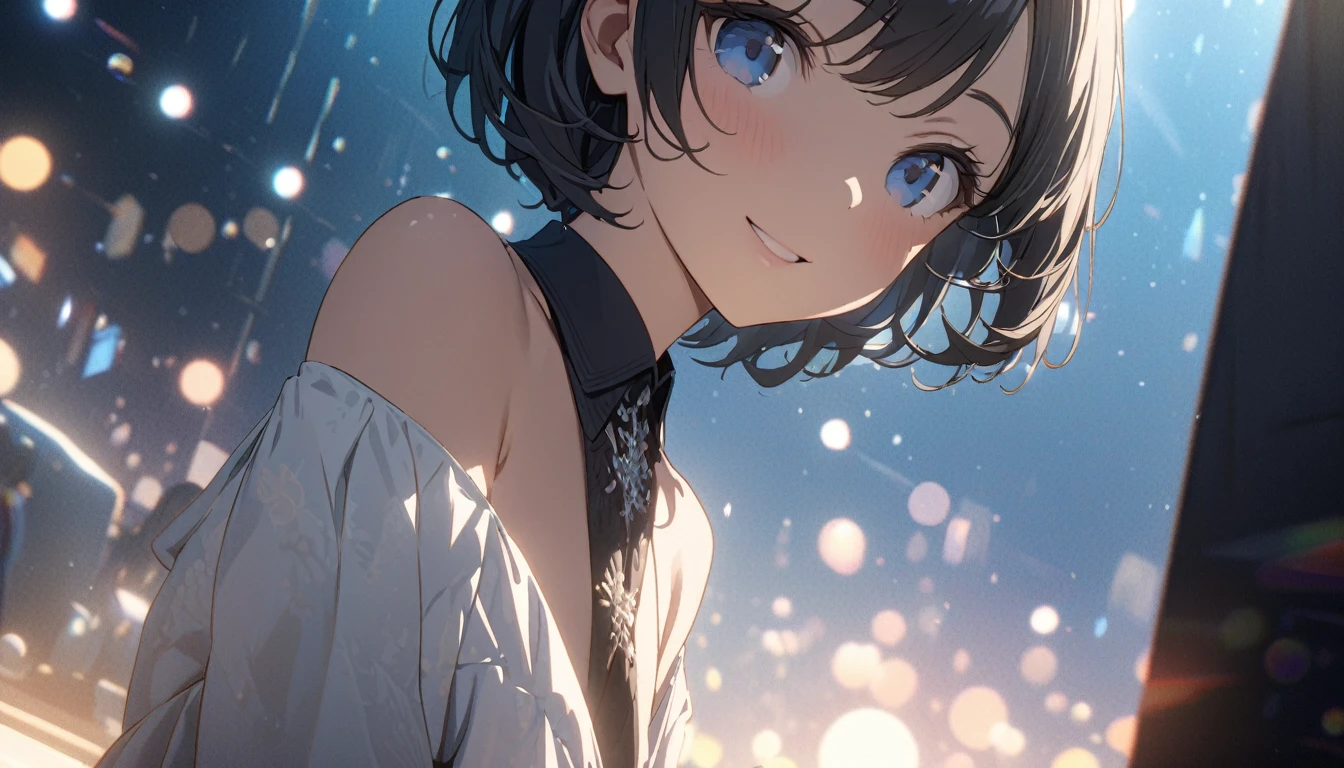 ((ultra-detailed))/three women: (one women with short black hair and bob hair.、beautiful blue eyes,.、smile、gentle smile on her face、flat chest, one Beautiful girl,((masterpiece, illustration, best quality) ((ultra-detailed))/),a girl at her office wearing profressional formal clothes,濃い青とBeautiful Blueのグラデーション, High resolution, 8K HD detail, hyper-detail, cinematic, surrealism, soft light, deep field focus bokeh, ray tracing and surrealism. --v6