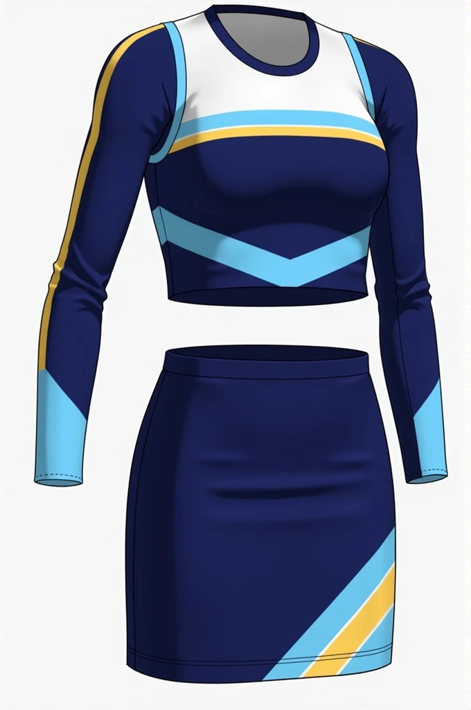 cheerleader uniform, colors: Navy blue, light blue, yellow and white
top: Navy blue con mangas largas desmontables con raya light blue, the top is round neck, con una raya superior light blue. White at the bottom of the top to print the logo, y en la parte final inferior terminación con raya light blue y Navy blue
falda: pegada en forma de V en la parte superior de color light blue, el resto de la falda es Navy blue
