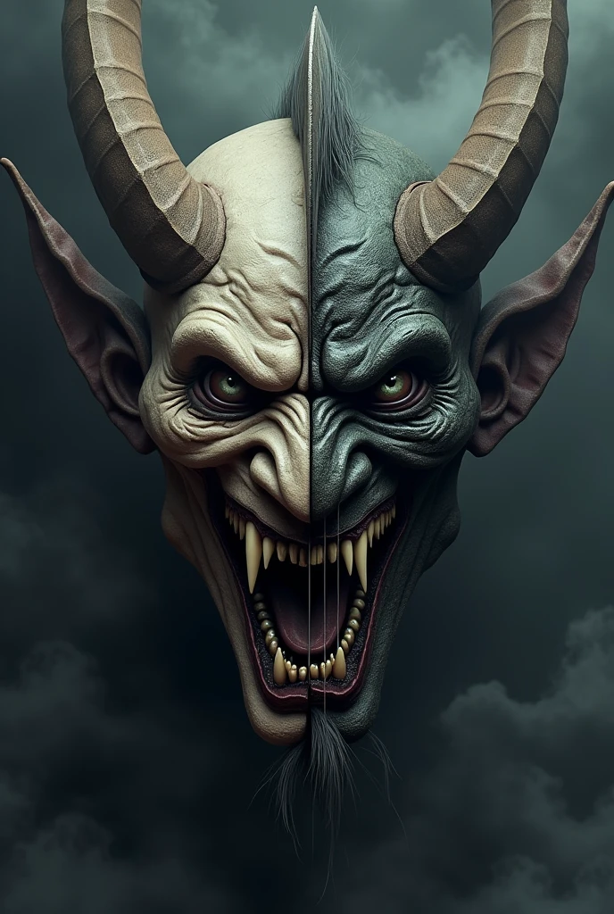 One half of a face is a rock devil and the other half is an electric guitar.