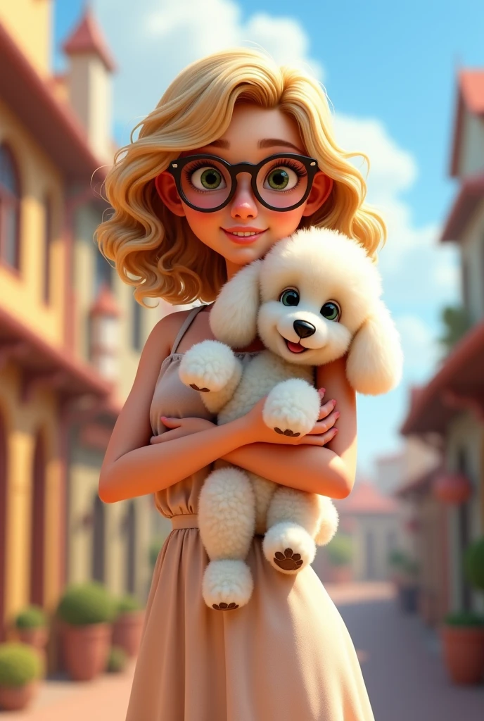 35-year-old Pixar-style woman with medium blonde hair, Kitten Glasses, Standing with a long, sleeveless dress and a white poodle in her arms
