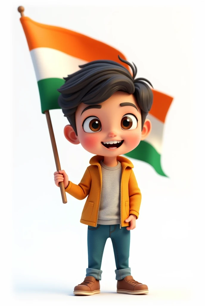 Cartoon 3d cute character. Boy holding flag of India. Isolated illustration on white background. High quality illustration AI generated