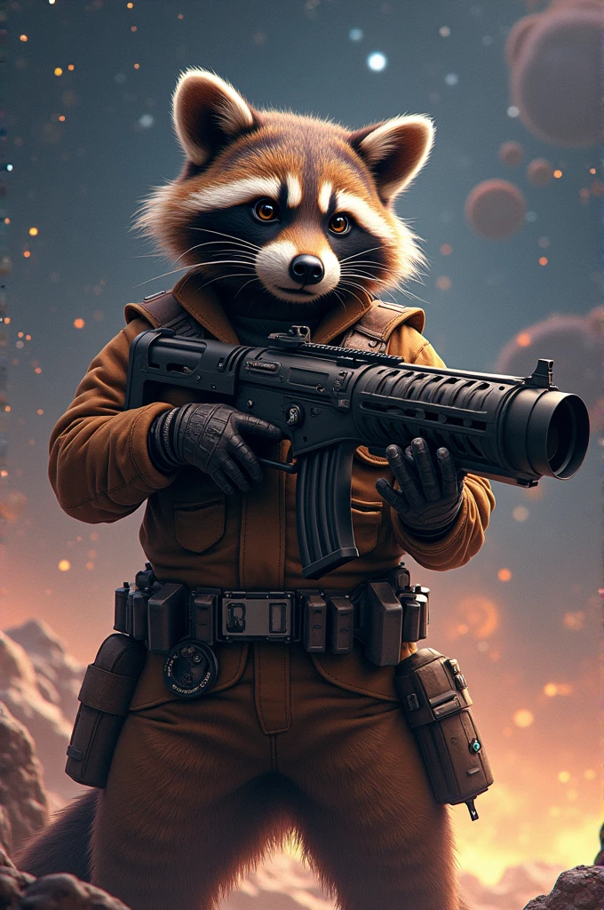 Racoon with a brown belt and a big gun guarding the galaxy