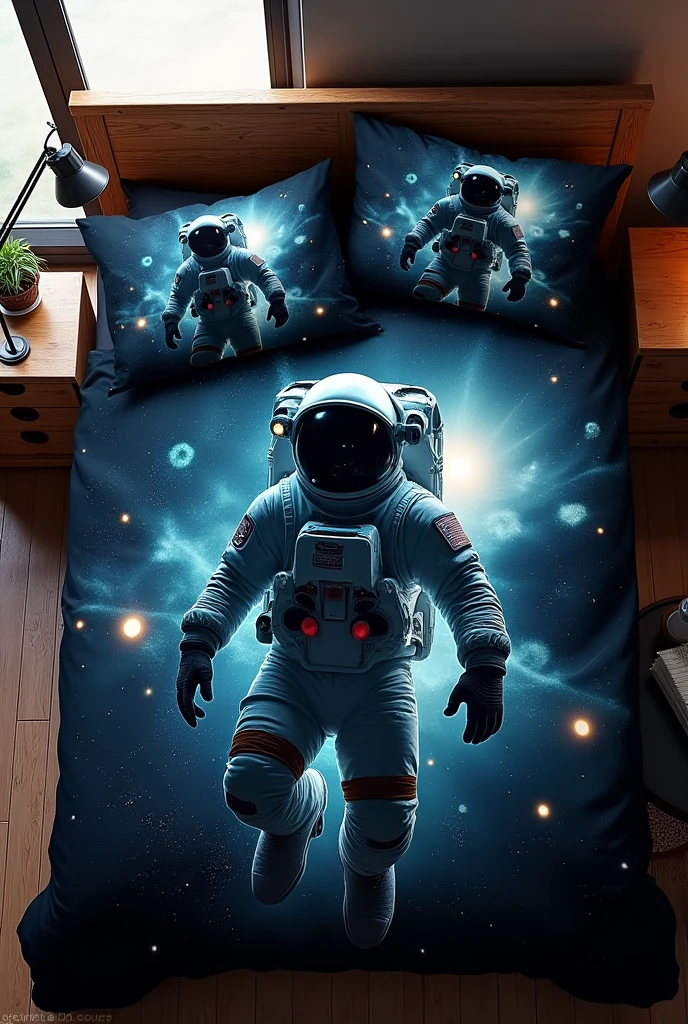 Double bed duvet cover with a space theme that is not white.
It should be black and is for a man, about an astronaut.