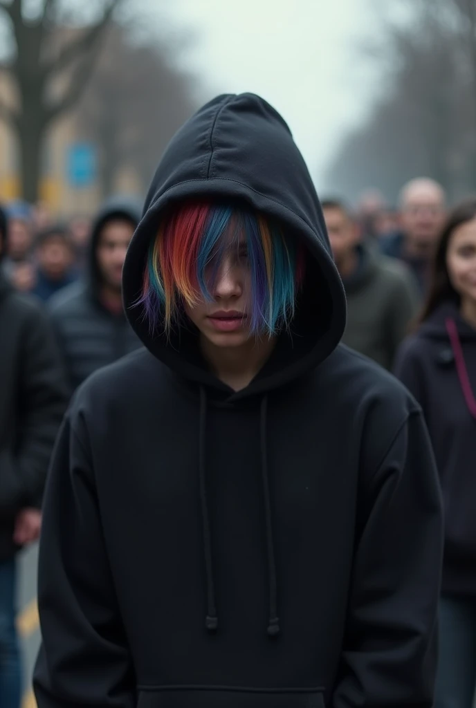 hoodie black hiding from people, hair tie dye color, wants to be safe ,people laughing at you , hair is in face, short hair