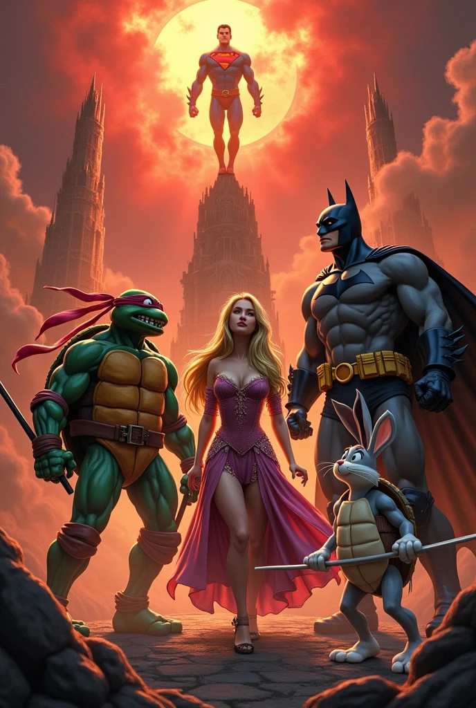 Rapunzel with the age Mutant Ninja Turtles against Batman and Bugs Bunny in hell while Superman watches.