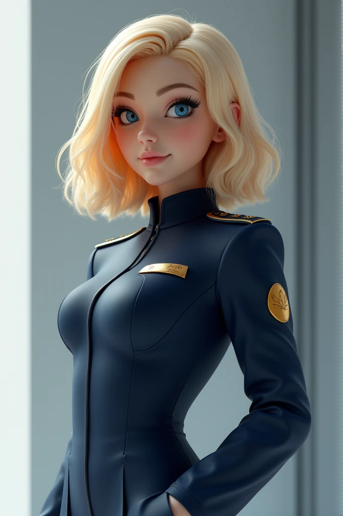 Create a 3D image of a blonde character wearing a dark blue uniform 