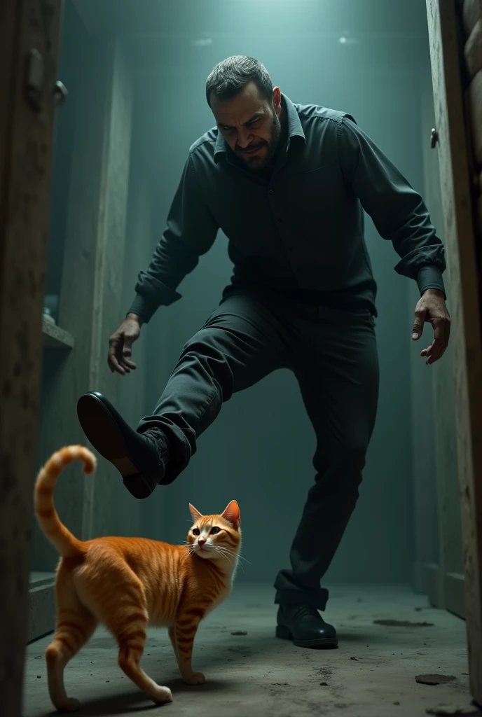 Ek creepy man jisne black shirt and pent pehni h wo ek jinger cat ko laat marte huye