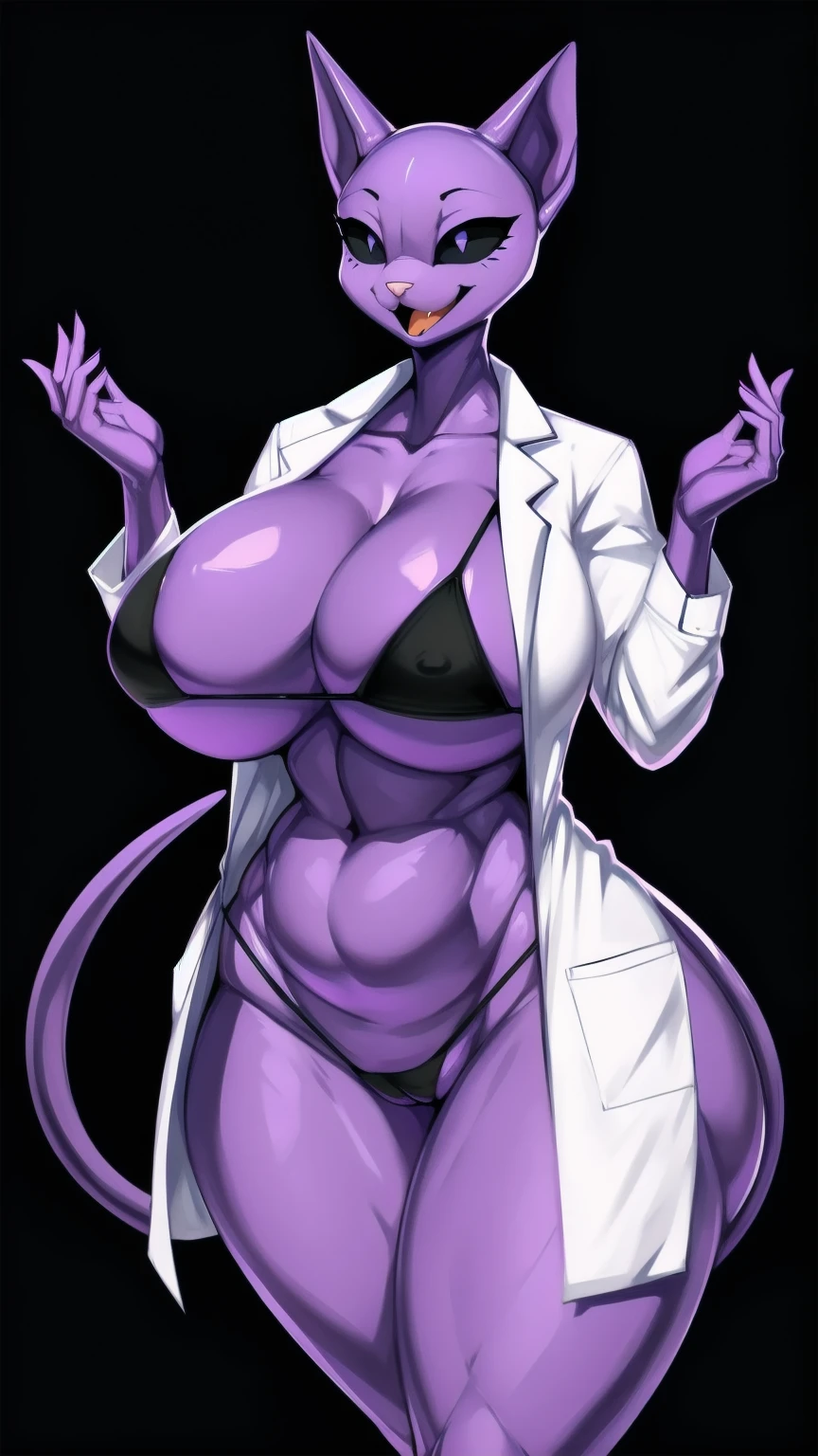 ((made by zackary911:1 art style)), ((adorable cute cat face)), (colors her skin and face purple:1), focus on the female furry cat, ((tall and imposing female body)), ((superiority and perfect body) ), ((female bald cat face dressed only in a white scientist's lab coat and a black micro ??????:1)), ((no hair anywhere on her body, no skin, total baldness, baldness:1)), masterpiece, Best quality, purple body and face color, a furry and feminine woman is a cute cat with purple hair, orange cat tongue, no hair anywhere on her body, pink cat nose, ?????????, big thighs, big ???? and natural, ???????????, ((Hourglass figure)), (1.4), huge , thick, thick body, ???? massive female, Perfect body, ???????????, big ???, Perfect body, masterpiece, Best quality, full figure, voluptuous ???? body, smooth. Perfect, athletic body, purple ???????, large oval eyes with black sclera and white pupils, orange tongue, ((purple inside her cat ears)), light pink cat nose, black and white eyes, ((long tail of dark purple color)), purple ??????, ((completely smooth face)), ((violet female sphinx cat face)), ((sphynx cat head)), orange cat tongue, adorable face, ((Cute face)), voluptuous cat woman, ((white scientist lab coat and a black micro ??????)), furry cat with an happy face expression, ((happy face)), happy face, venus Perfect body, ((only 2 cat ears Normal purple, no hair on the head:1)), purple ???????, completely, high quality, masterpiece, adorable and ????, Beautiful adorable Perfect body, violet color of the body and the face, big black eyes with white iris, cat mouth, cat teeth, bald body, on a romantic date, ((made by art style zackary911:1)