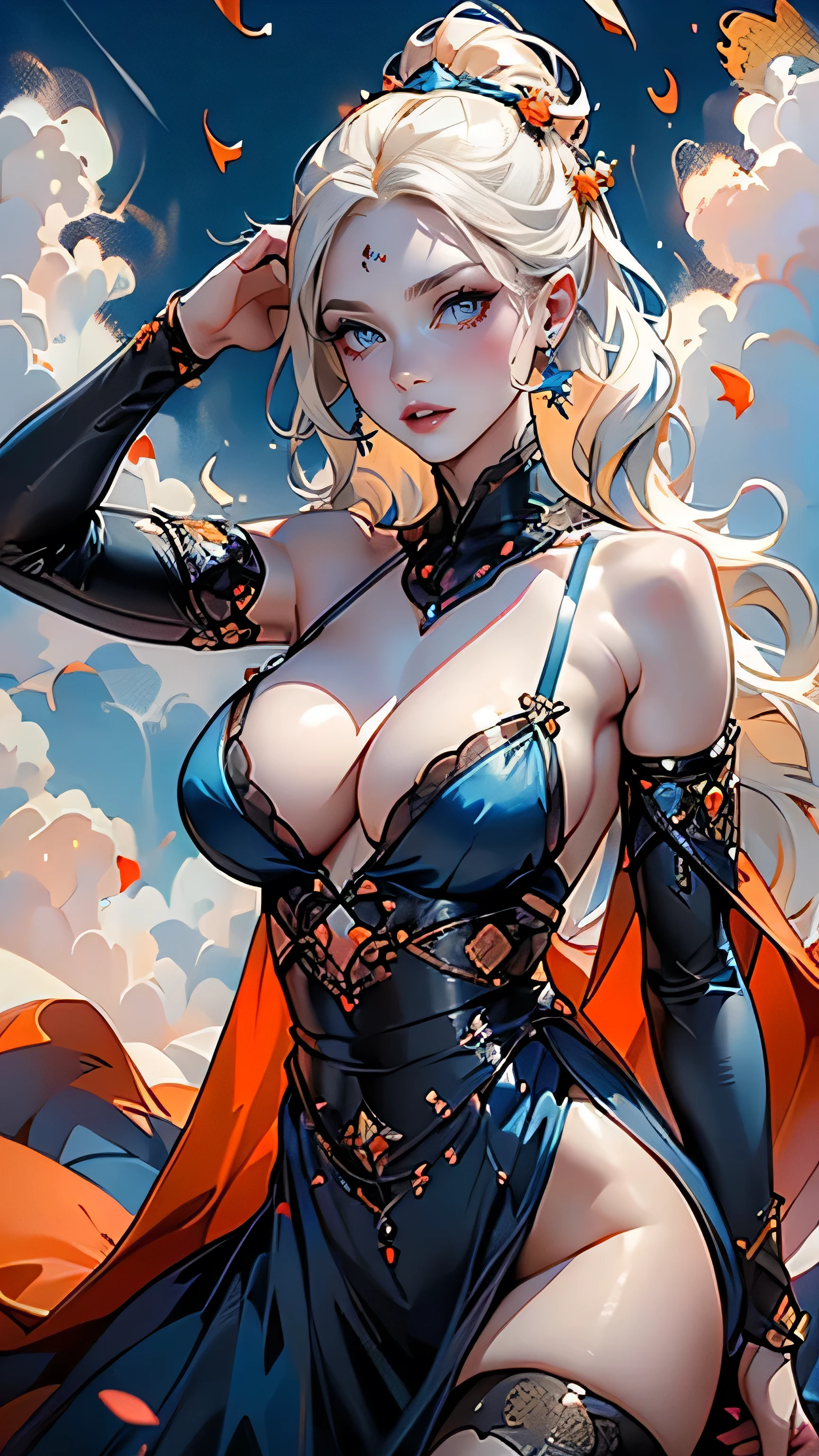 score_9, score_8_up, score_7_up, score_6_up, rating_explicit, 1girl, ((18YO:1.2)), Adult, full lips, big clear eyes, light blue eyes, ((blond hair:1)), (long wavy hair: 1.2),(Obra maestra: 1.4), (8K, realista, foto cruda, La mejor calidad: 1.4),,xuer Fairy in Clouds,Clouds,Fog,smoke,(full body:1.1),Fly,(float,fall:1.4),Dynamic Angle,Perspective,
medium ,(Scatteretal:1.3),exposed collarbone,exposed shoulders,exposed abdomen,colorful costumes,Cyan red ribbon,(Detalles de la cara: 1.5, ojos azules brillantes, hermoso rostro, ojos bonitos, Contorno del iris, labios delgados: 1.5, Thin, sharp pale eyebrows, Long, dark eyelashes, double tabs),(manos perfectas: 1.4) ,( perfect anatomy) More detailed 8K.motor irreal:1.4,UHD,La mejor calidad:1.4, fotorrealista:1.4, textura de la piel:1.4, obra maestra:1.8,obra-prima, mejor calidad,objeto Objeto], (detailed face features:1.3),(Las proporciones correctas),  (pose vaquero), (colores brillantes),( nubes esponjosa white gigantes :1.4),( perfect anatomy), (detailed face :1.4),( estilo encaje lingerie orange :1.4) 
