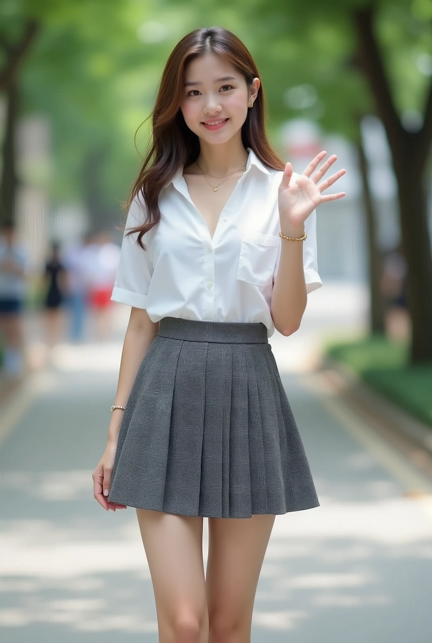 A mature high school girl with beautiful legs。Summer clothes and gal style、The top is a white blouse、The skirt is a dark grey ombre check uniform.。Full-body photo taken on campus。The chest of the blouse is open。A gold necklace on the chest。Wearing short white socks。Waving to the camera。Highest quality。