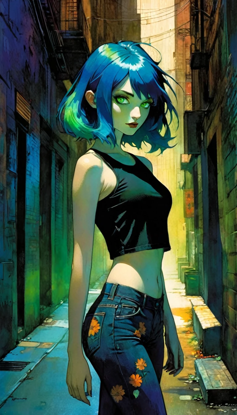 -girl standing on the street,perfect blue-haired girl,glowing green eyes, wearing a crop top,Dark Alley,Floral Clothes,City, Black Shirt-, art inspired by Bill Sienkiewicz and Dave McKean

